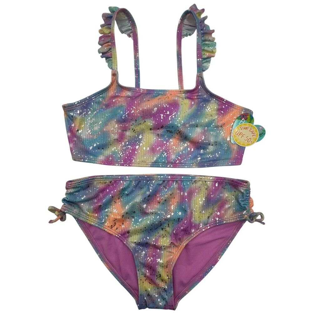 C1 Breaking Waves 2-Piece Swimsuit UPF 50+ Rainbow Tie Dye Ruffle Strap Girls 16